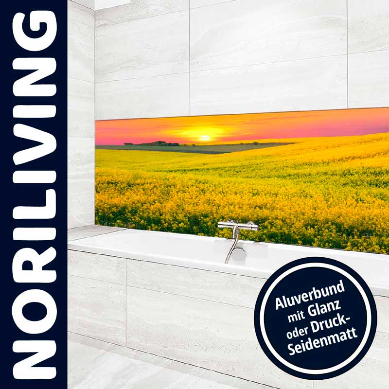 Badezimmer mit dekorativer Aluverbund-Wand im Sonnenuntergangsdesign