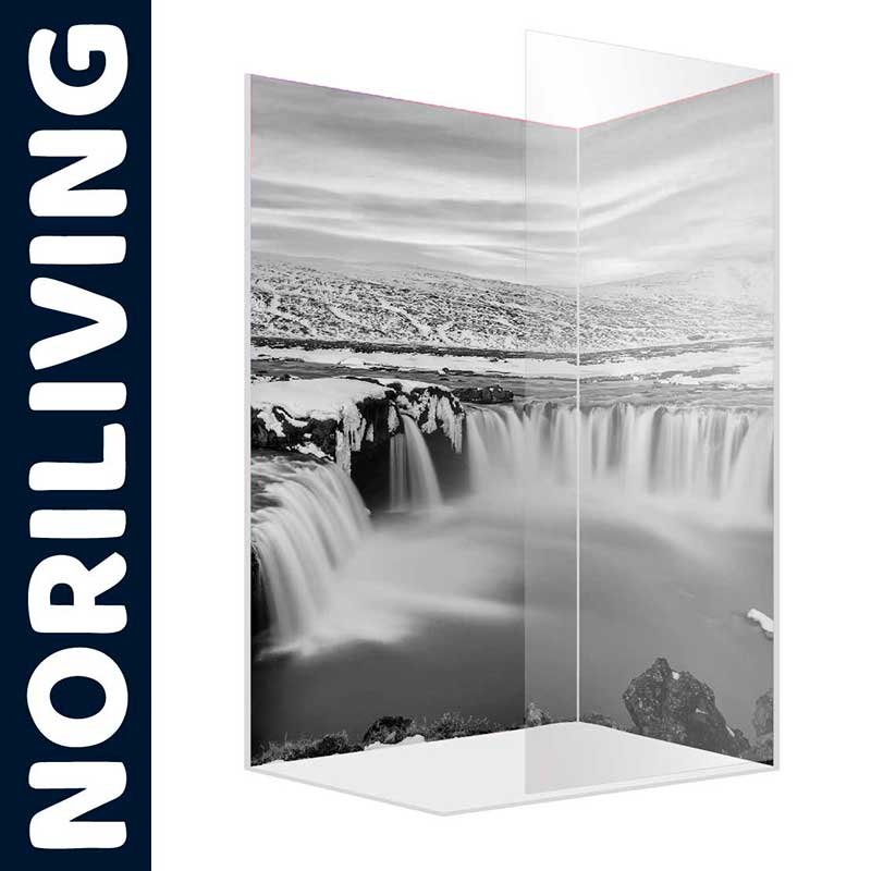 Schwarz-weißes Wasserfallmotiv auf einer Duschabtrennung von Noriliving, ideal für moderne Badezimmer