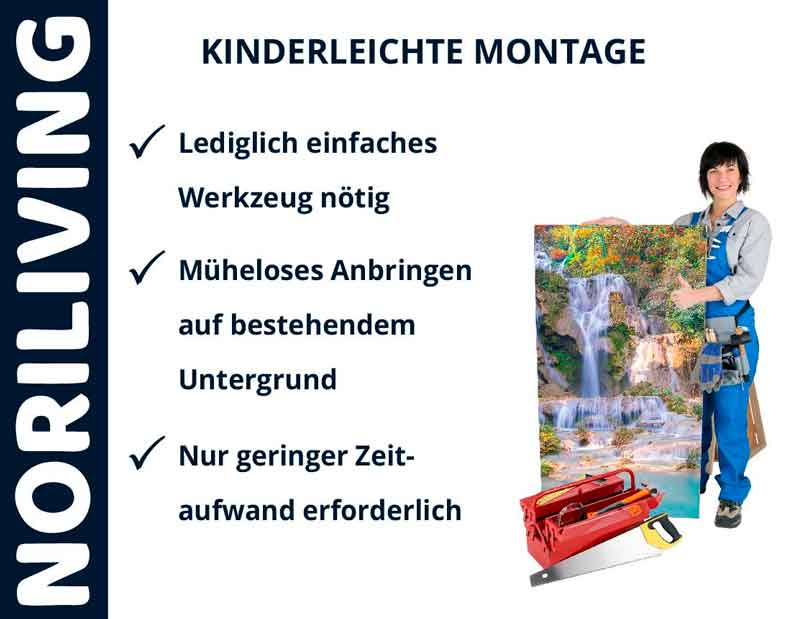 Person hält ein Wandbild mit Wasserfallmotiv, daneben Text über mühelose Montage mit Noriliving-Werkzeugen.