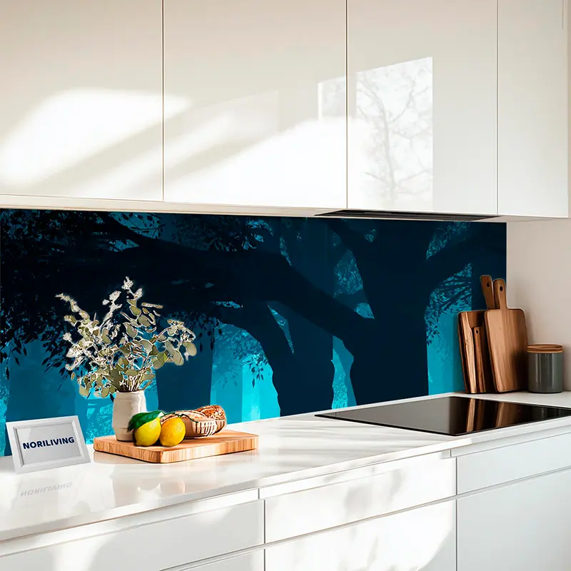 Fliesenspiegel Alu Mystischer blauer Wald mit Nebel 087