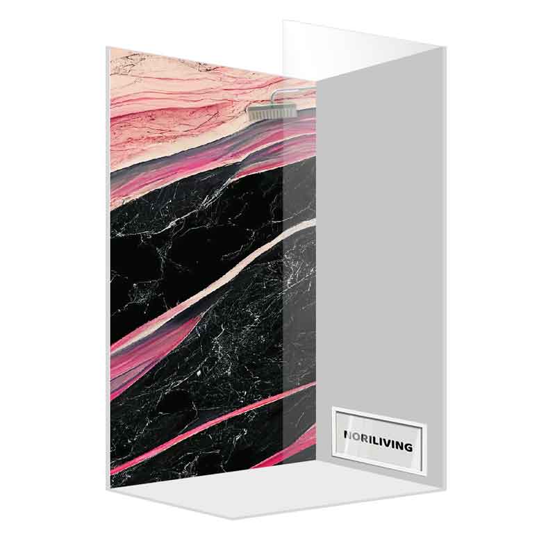 Moderner Duschbereich mit Glaswand und Marmor-Effekt in Schwarz und Rosa