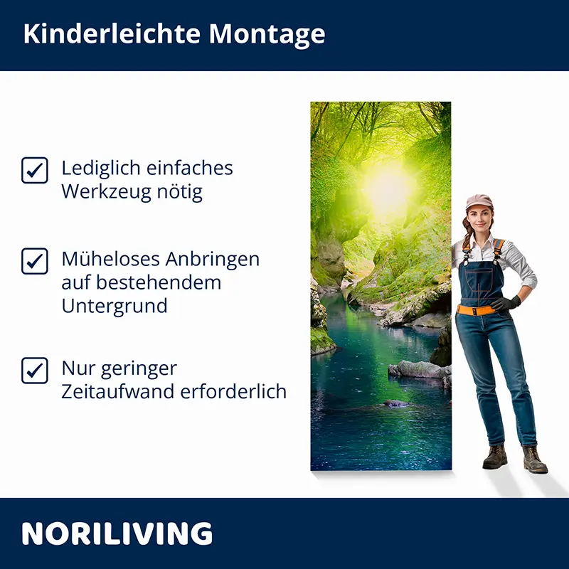 Produktbild: Naturpanel mit Monteurin und Montagehinweisen