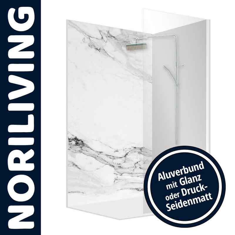 Duschwand aus Aluverbund mit Marmoroptik und Glanz- oder Druck-Seidenmatt-Finish von Noriliving