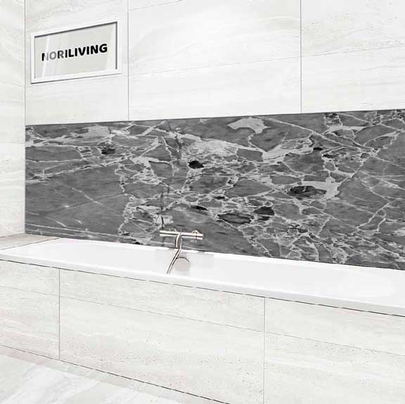 Badrückwand Alu Marmorstruktur mittelgrau mit rostfarbigen Einschlüssen 011 schwarz-weiß