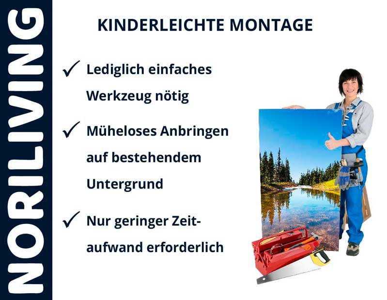NoriLiving präsentiert einfache Montage mit minimalem Werkzeug und Zeitaufwand, ideal für bestehende Untergründe.
