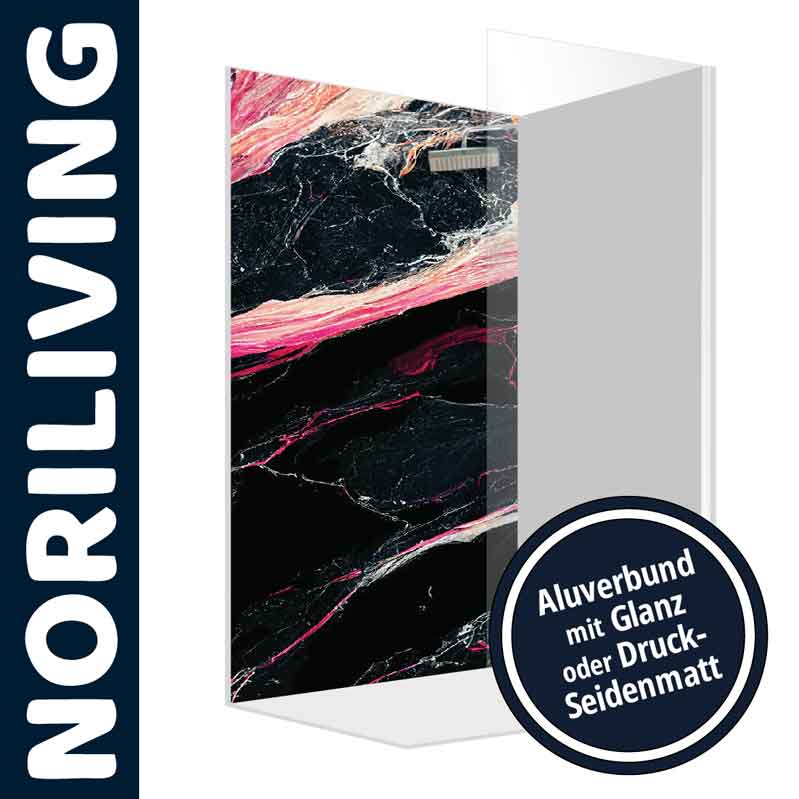 Moderne Duschwand mit beeindruckendem Marmordesign, erhältlich in Aluverbund mit Glanz- oder Seidenmatt-Finish