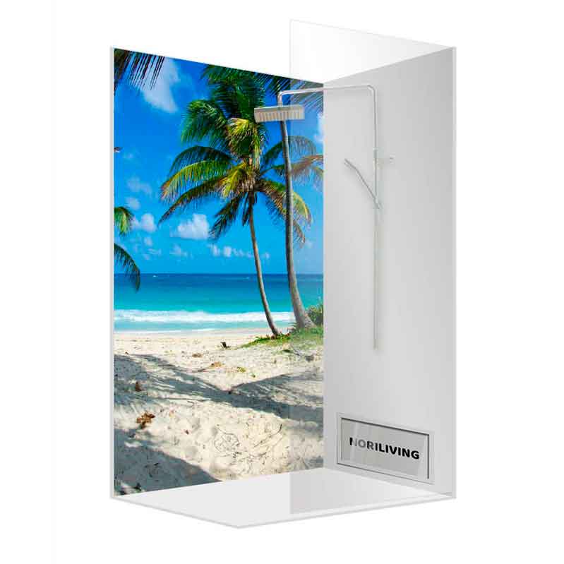 Glasdusche mit Bild von Strand und Palmen
