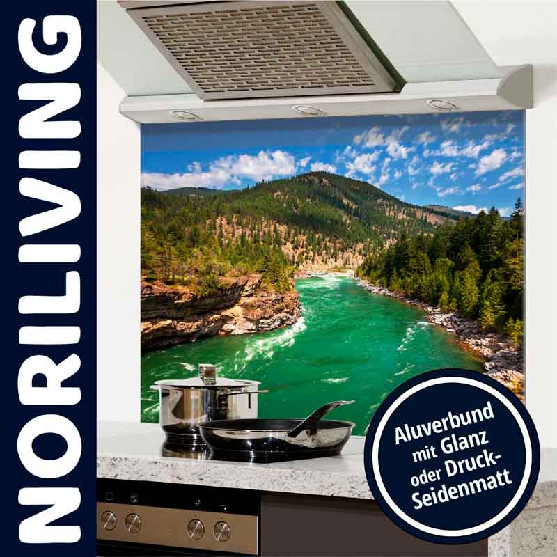 Küchenrückwand mit Flusslandschaft aus Aluverbund, glänzend oder seidenmatt, über einem Herd angebracht