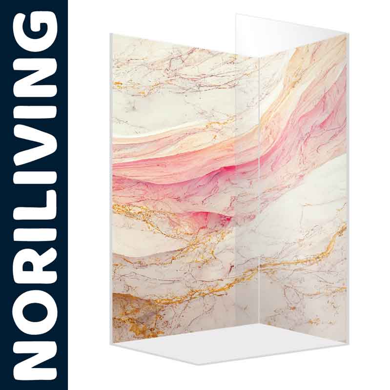 Marmorierte Duschwand in Rosa und Gold von Noriliving