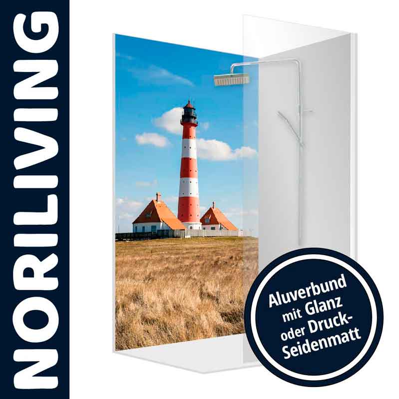 Dekorative Duschwand mit Leuchtturm auf Alu-Verbund in glänzender oder seidenmatter Ausführung