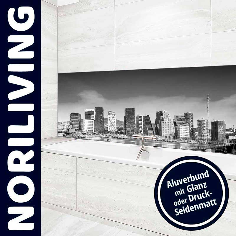 Badezimmer mit Stadtlandschaftsmotiv aus Aluverbund in Glanz- oder Seidenmatt-Druck