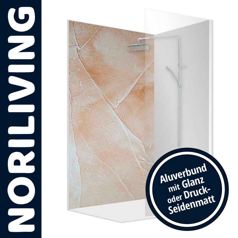 Duschwand mit stilvollem Steinmuster aus Aluverbund, erhältlich in glänzender oder seidenmatter Ausführung