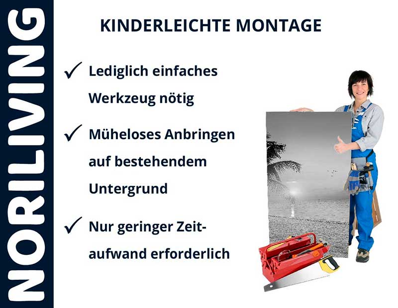Plakat von NORILIVING: Frau präsentiert kinderleichte Montage mit minimalem Werkzeug und Aufwand