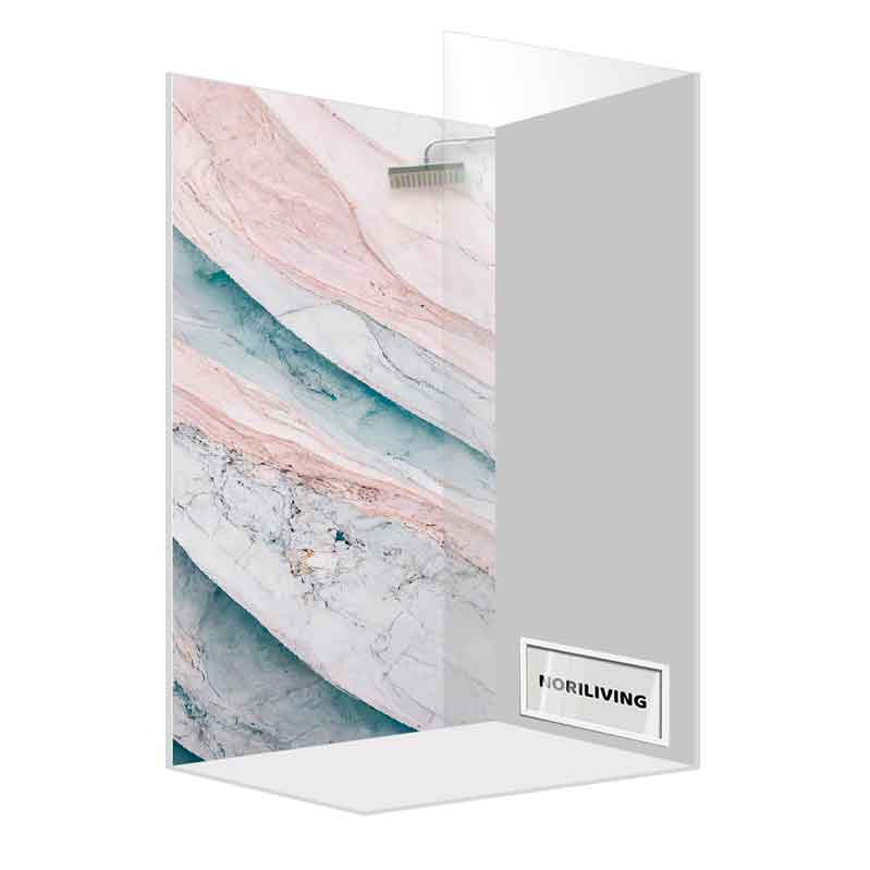 Duschwand mit elegantem Marmormuster in Rosa und Blau