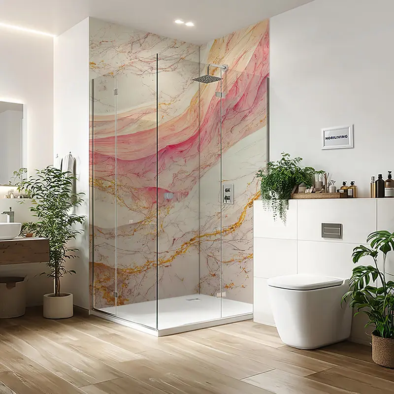 Duschrückwand Einzel | Ecke | Nische | Alu Marmor beige-rosé mit goldfarbigen Einschlüssen 076