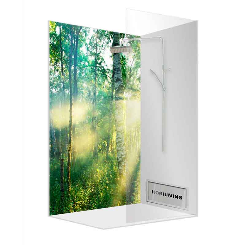 Dusche mit Walddesign und moderner Armatur Moderne Duschkabine mit Naturmotiv eines Waldes im Hintergrund und eleganter Dusche