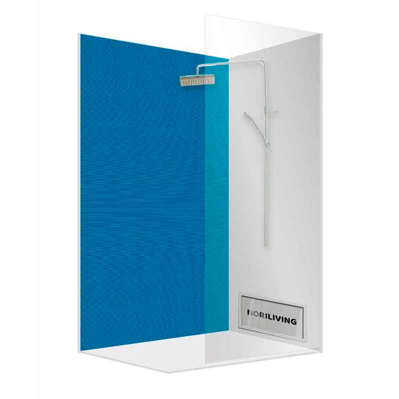 Moderne Duschkabine mit blauer Rückwand Elegante Duschkabine mit blauer Glasrückwand und verchromter Regendusche