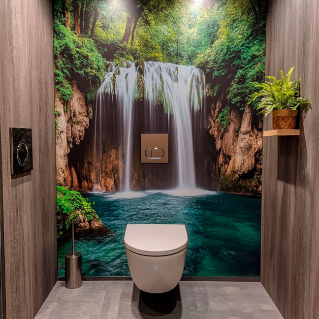 Badezimmer mit beeindruckender Wasserfalltapete hinter der Toilette und dekorativer Pflanze auf Ablage