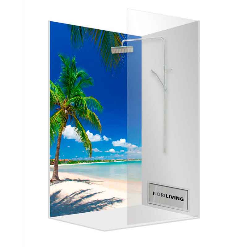 Moderne Duschwand mit tropischem Strandmotiv und Palmen im Bad