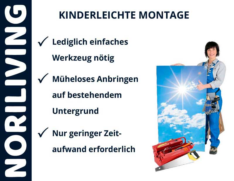 Person mit Werkzeug und großem Plakat, das eine sonnige Tageslandschaft zeigt, neben Empfehlungen für einfache Montage von Noriliving Produkten