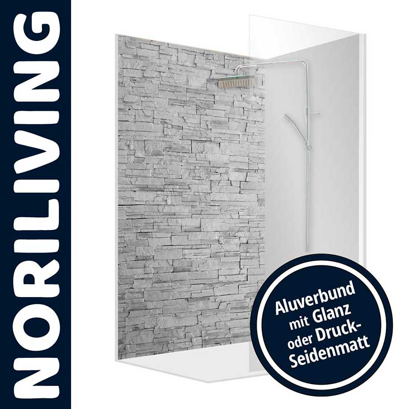 Duschrückwand von NORILIVING in Steinoptik mit Aluverbund in Glanz oder Druck-Seidenmatt
