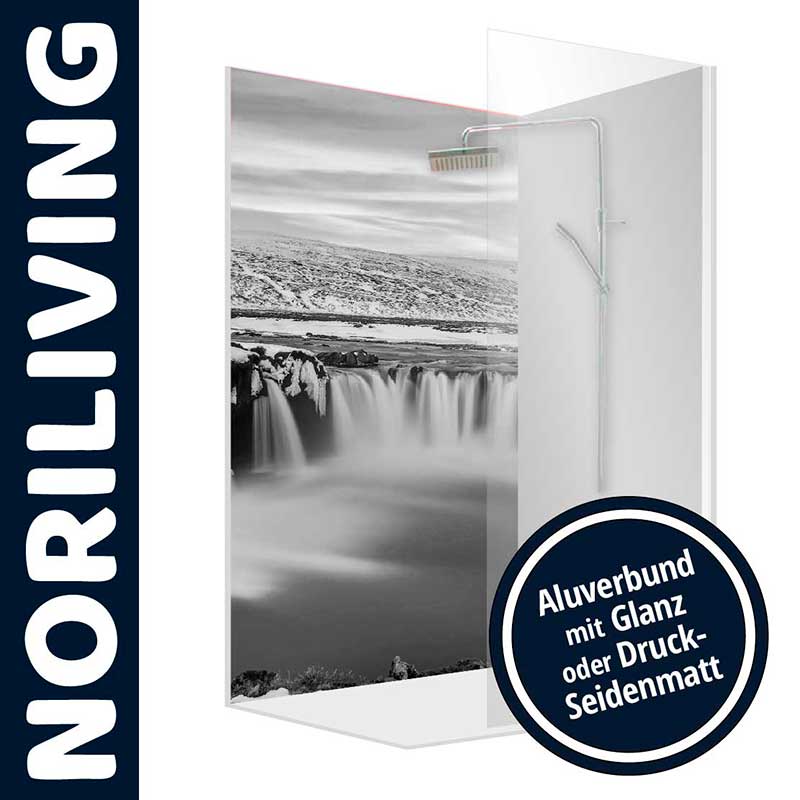 NORILIVING Duschwand mit Wasserfall-Motiv und Aluverbund in Glanz oder Druck-Seidenmatt Duschwand von NORILIVING mit Wasserfall-Bild und Aluverbund Oberfläche in Glanz oder Druck-Seidenmatt