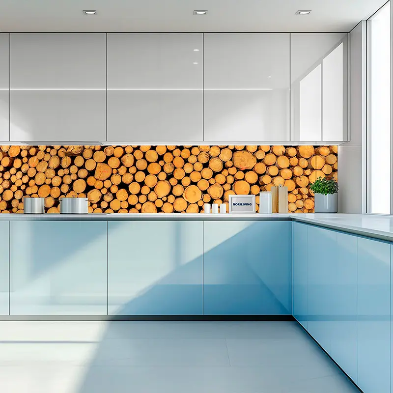 Helle Küche mit Holzscheit-Motiv als Rückwand