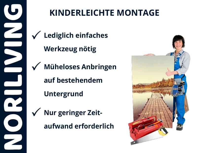 Handwerker zeigt leichte Montage einer Wanddekoration mit minimalem Werkzeug
