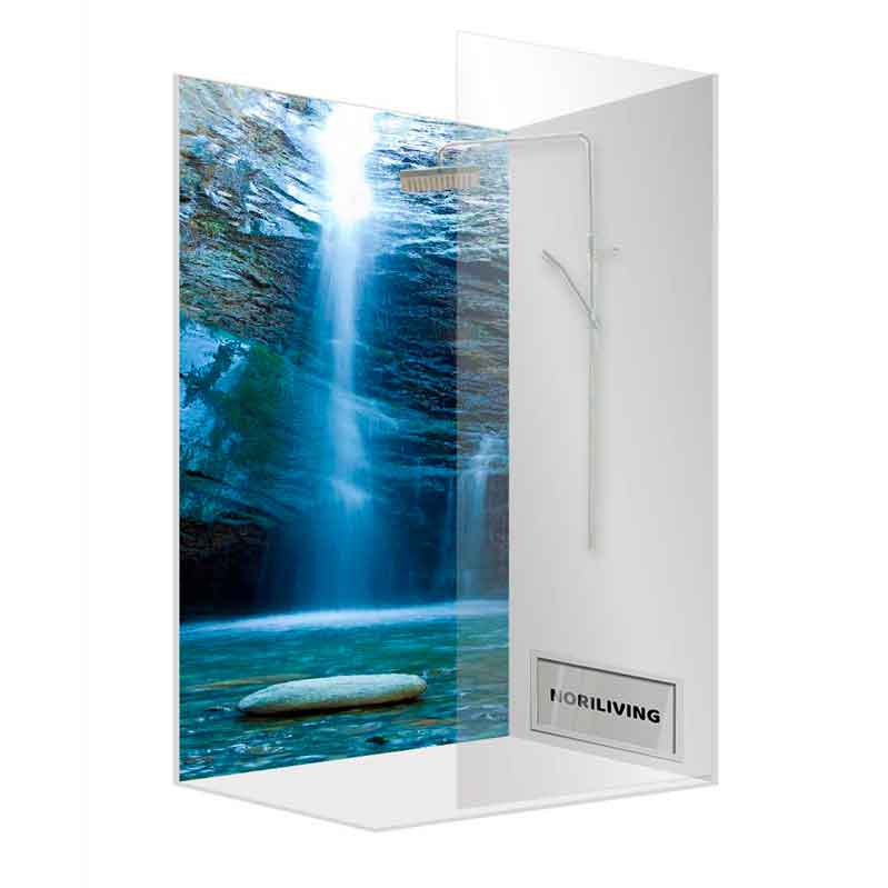 Duschkabine mit Wasserfall-Motiv und Glasfront, geeignet für moderne Badezimmer