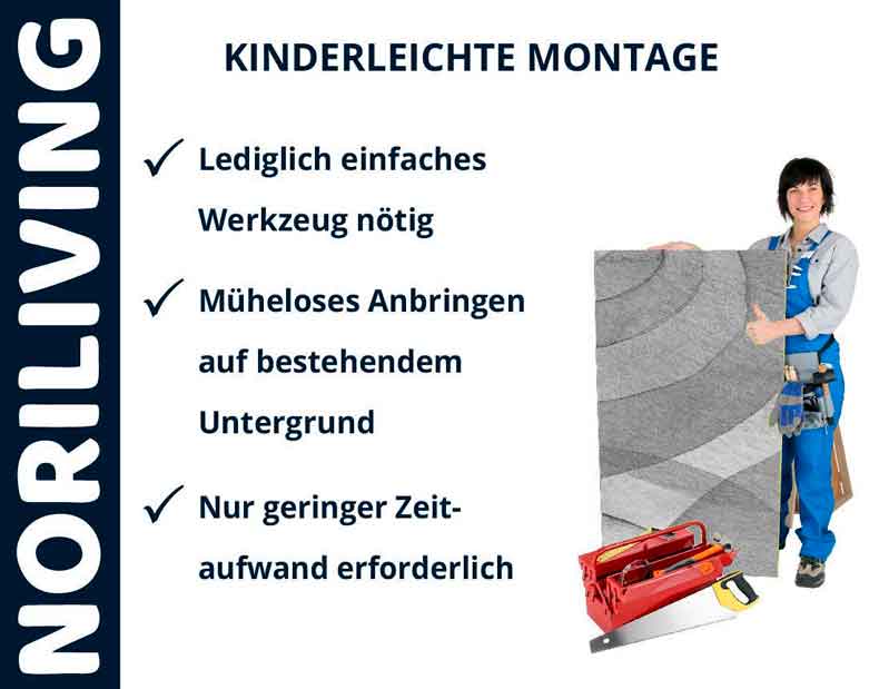 Montageanleitung von Noriliving mit einer Person und Werkzeug, einfaches Anbringen und geringer Zeitaufwand