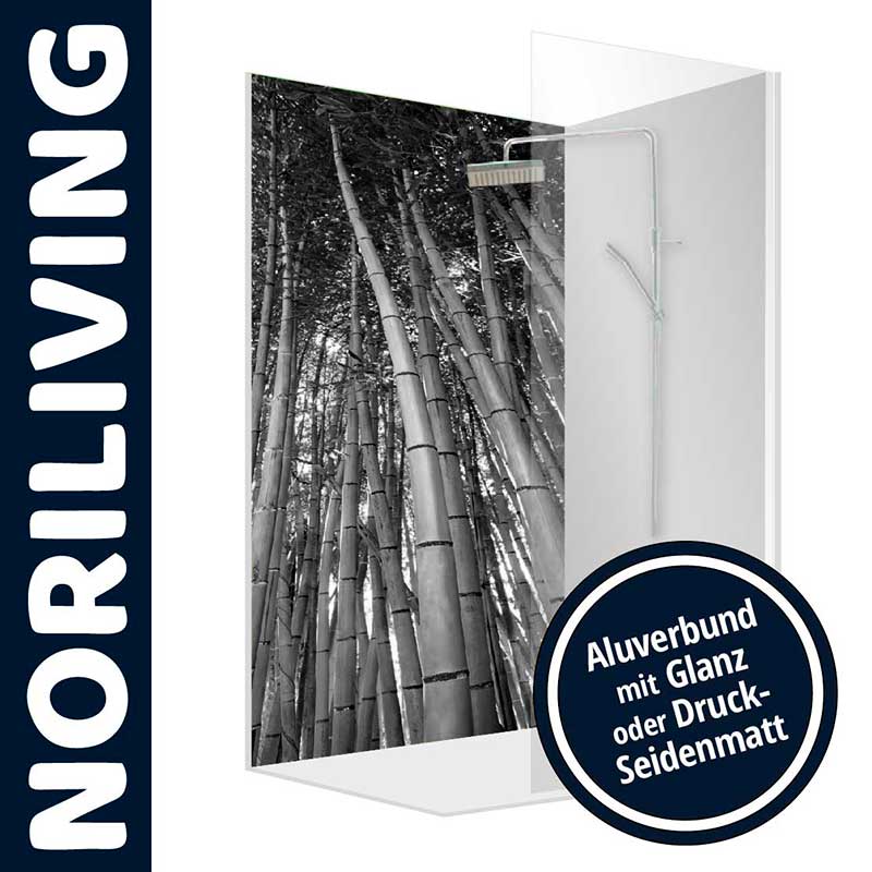 Duschtrennwand von NORILIVING mit Bambusbild, erhältlich mit glänzender oder seidenglänzender Oberfläche