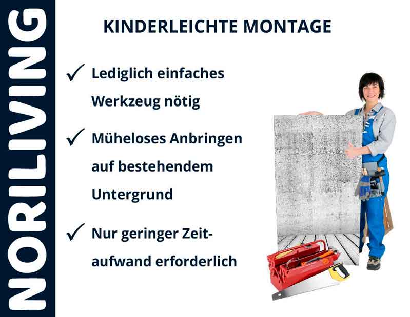 Frau zeigt Noriliving Produkt mit Werkzeugkasten, einfache Montagehinweise neben ihr