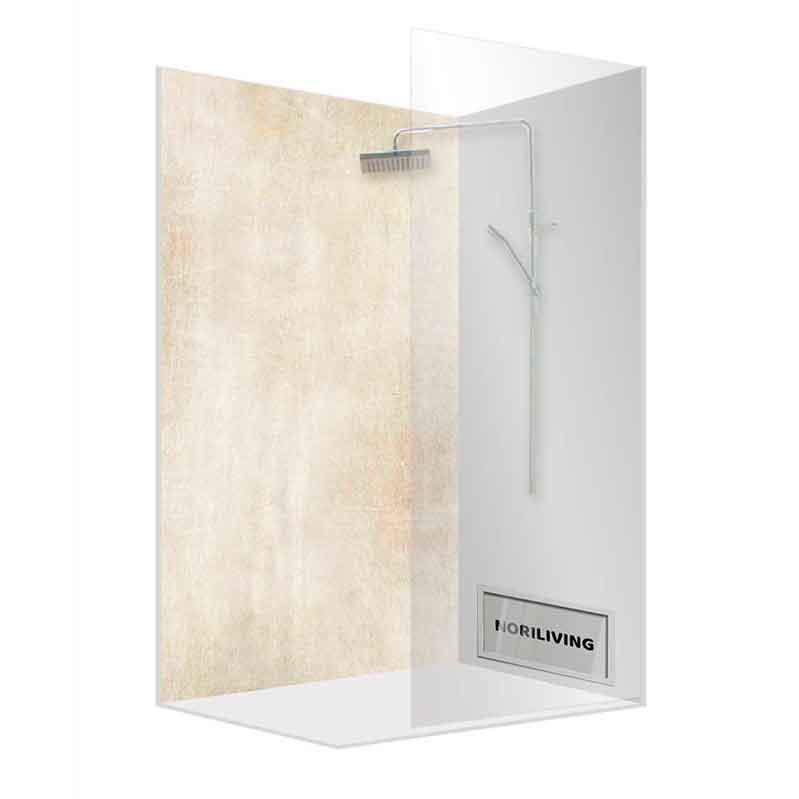 Elegante Walk-In-Dusche mit moderner Glasabtrennung und Regenduschkopf Zusammengebautes Bild einer Walk-In-Dusche mit gläserner Trennwand, angebrachten Regenduschkopf und minimalistischem Design