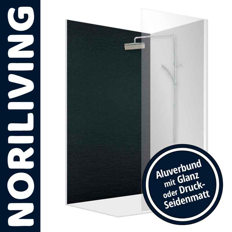 Duschwand von Noriliving, erhältlich in Aluverbund mit Glanz oder Druck-Seidenmatt