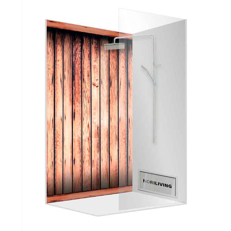 Eckduschkabine mit Holzpaneel-Design und Regenduschkopf