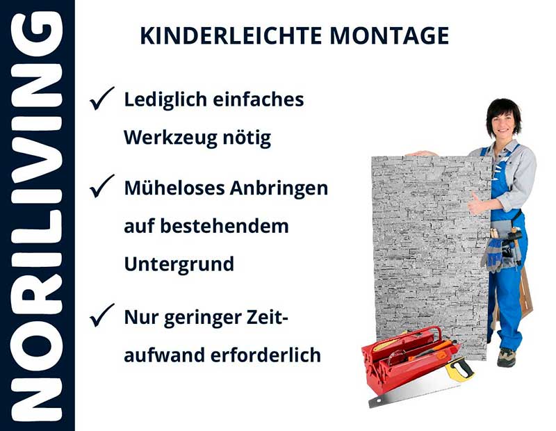 Frau präsentiert Noriliving Wandpaneel mit Werkzeug, einfacher Aufbau, geringer Zeitaufwand