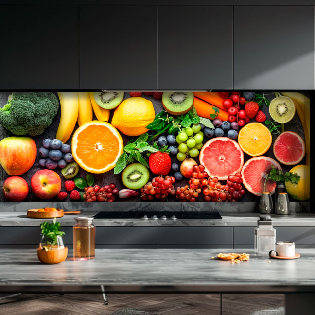 Küchenarbeitsplatte mit bunter Obst- und Gemüserückwand, darunter Orangen, Zitronen, Trauben, Brokkoli und mehr.