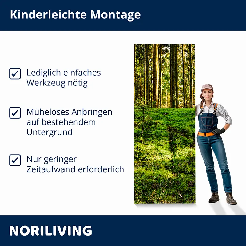 Frau neben Waldmotiv-Wandpaneel, Hinweise zur Montage