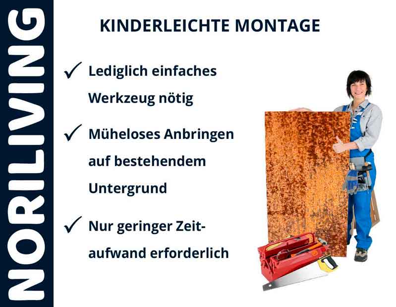 Produktinformationen von NoriLiving zur einfachen Montage: nur einfaches Werkzeug nötig, müheloses Anbringen auf bestehendem Untergrund, geringer Zeitaufwand. Person mit Werkzeug und Material.