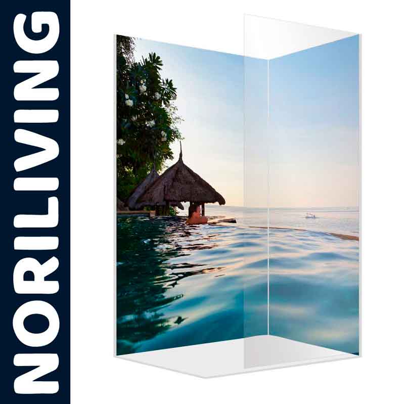 Raumteiler mit Motiv von einem Strand und einem Strohdach-Pavillon am Wasser