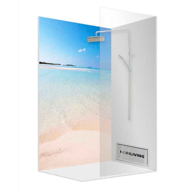 Duschkabine mit Strandmotiv und Regenduschkopf Elegante Duschkabine mit Sandstrand- und Meerblick-Motiv, ausgestattet mit einem modernen Regenduschkopf