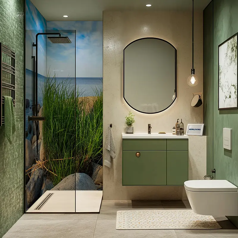 Badezimmer mit Dusche, grünem Waschtisch und WC