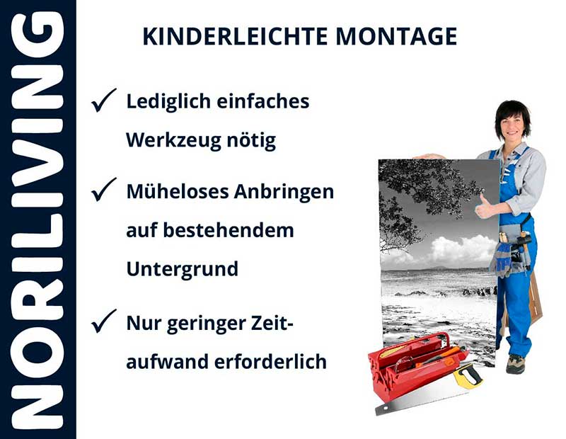 NORILIVING - Kinderleichte Montage mit minimalem Werkzeugaufwand NORILIVING-Anzeige mit einfacher Montageanleitung und Werkzeugabbildung