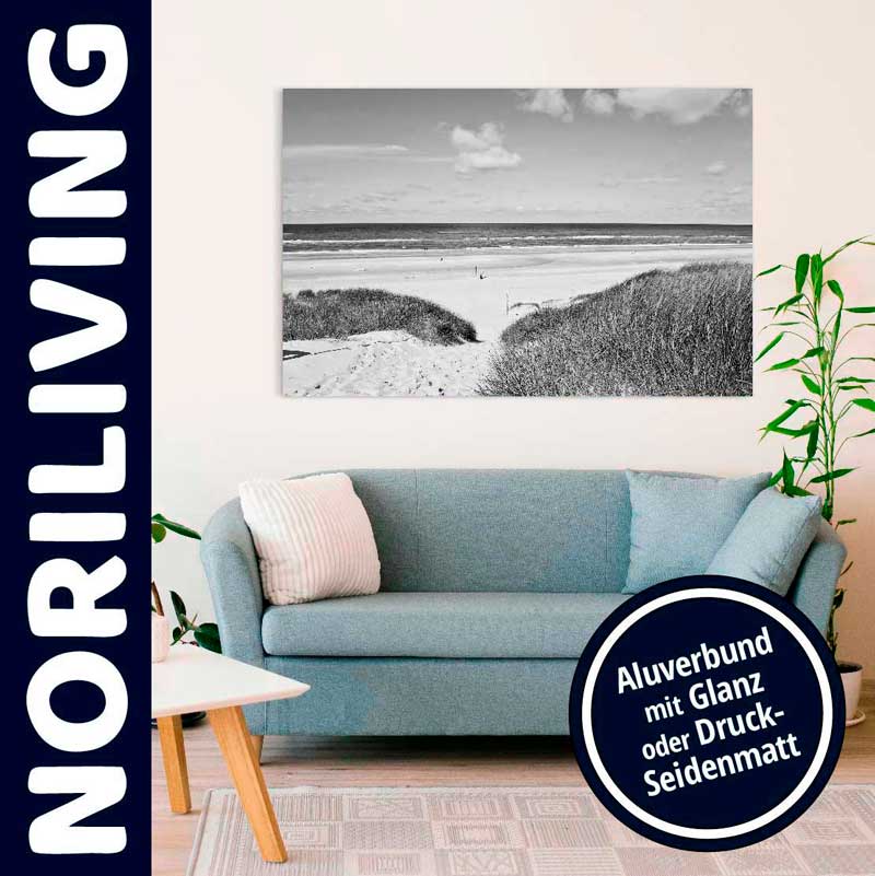 Modernes Wohnzimmer mit blauem Sofa, Pflanzen und großem schwarz-weißem Strandbild von NORILIVING an der Wand.