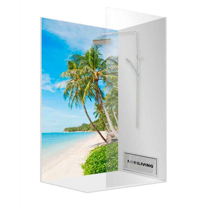 Duschkabine mit tropischem Strandbild und Palme