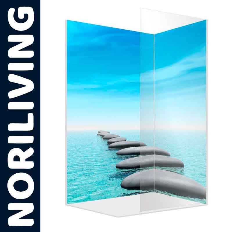 Duschwand mit Meereslandschaft und Steinen im Wasser, Marke NORILIVING