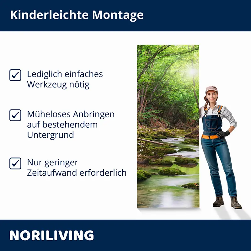 Frau montiert Wald-Wandbild, einfache Montageanleitung