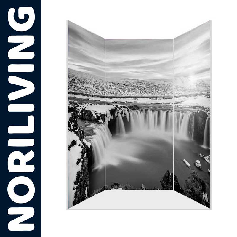 Dekorative Raumtrennwand mit Bild eines nordischen Wasserfalls im Winter in Schwarz-Weiß