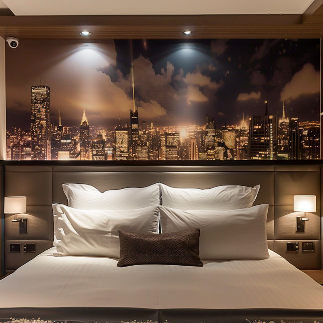 Elegantes Hotelzimmer mit einem großen Bett und einer beleuchteten Stadtlandschaft im Hintergrund.
