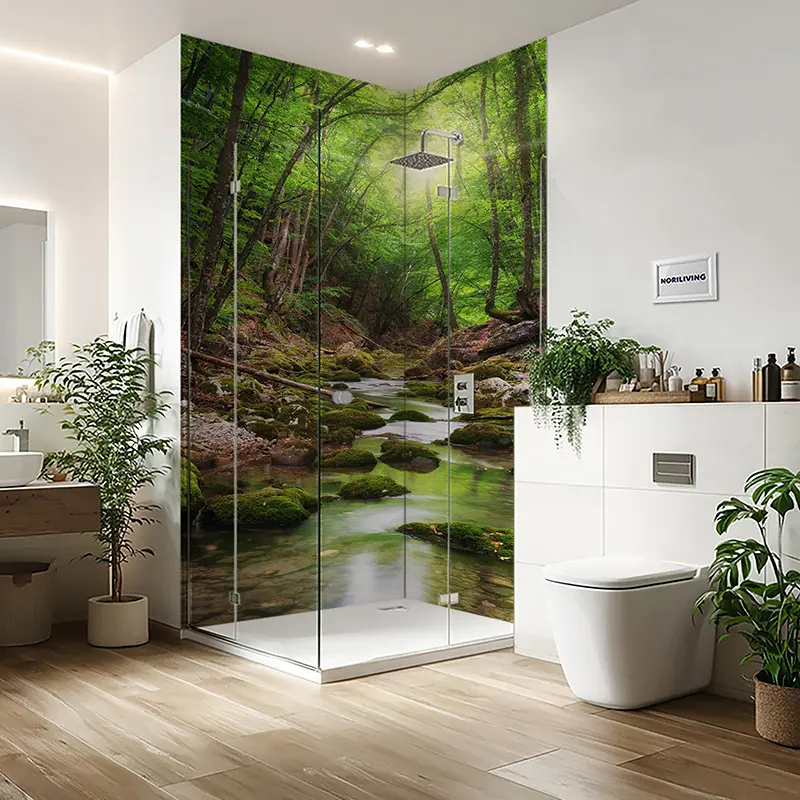 Modernes Bad mit Duschkabine und Waldfluss-Tapete